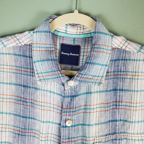 Tommy Bahama Paradigm Blue Plaid Linen Button Short Sleeve Shirt Size Large - Picture 9 of 9